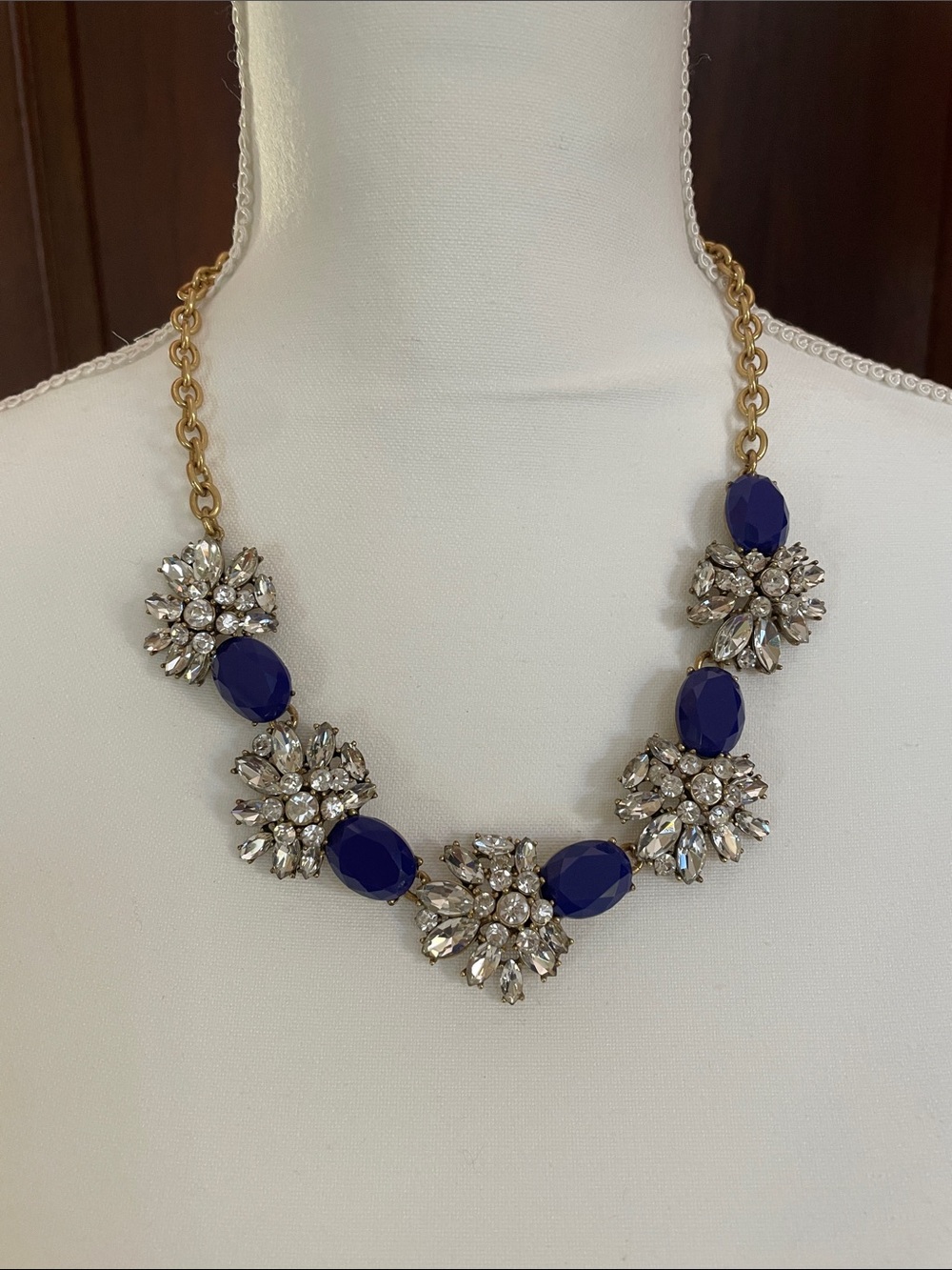 J Crew Gold Chain Statement Necklace with Cobalt Blue and Clear Crystal Accents